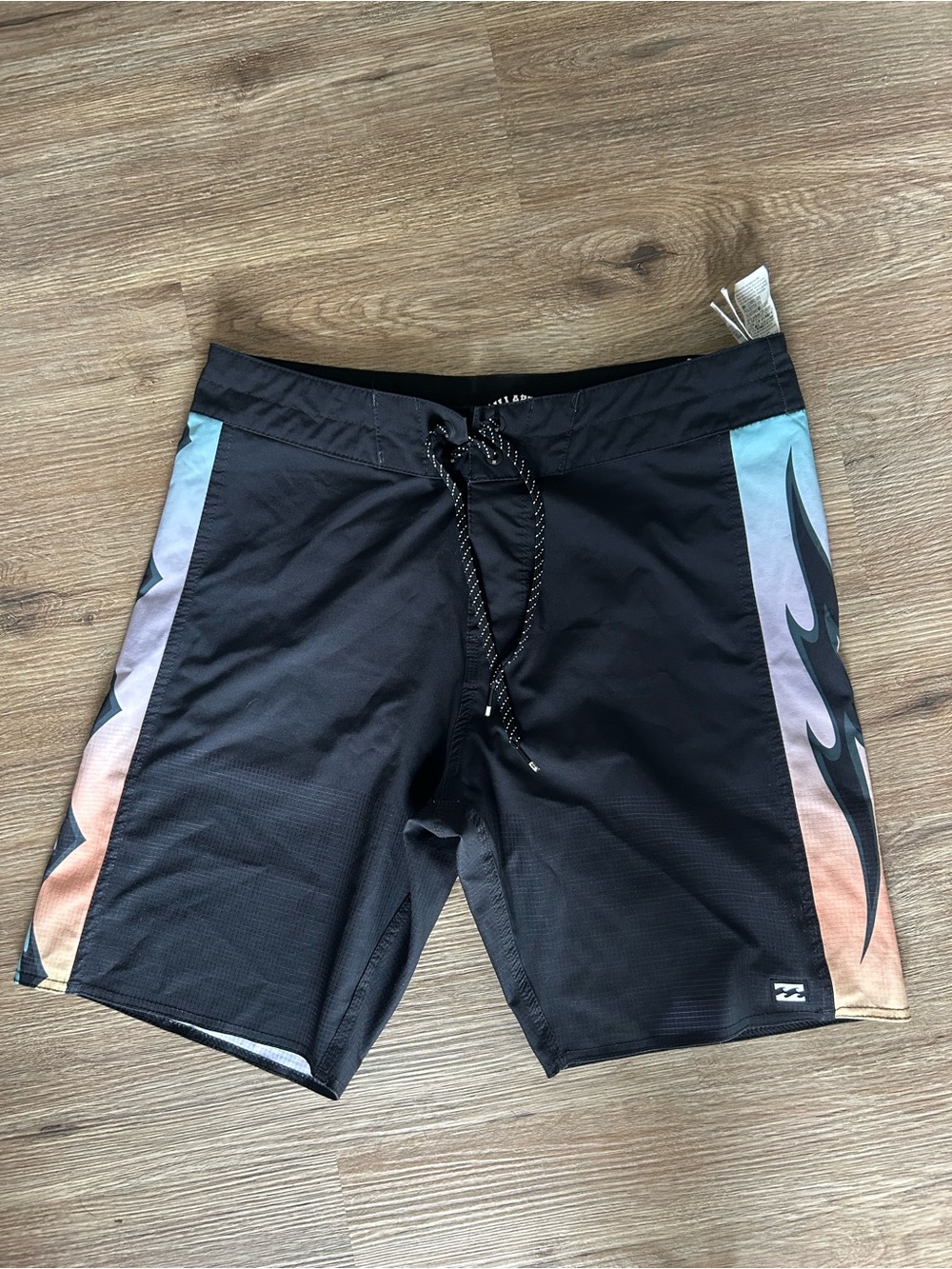 Billabong Men's Black Swim Board Shorts with Blue-to-Orange Flame Panels
